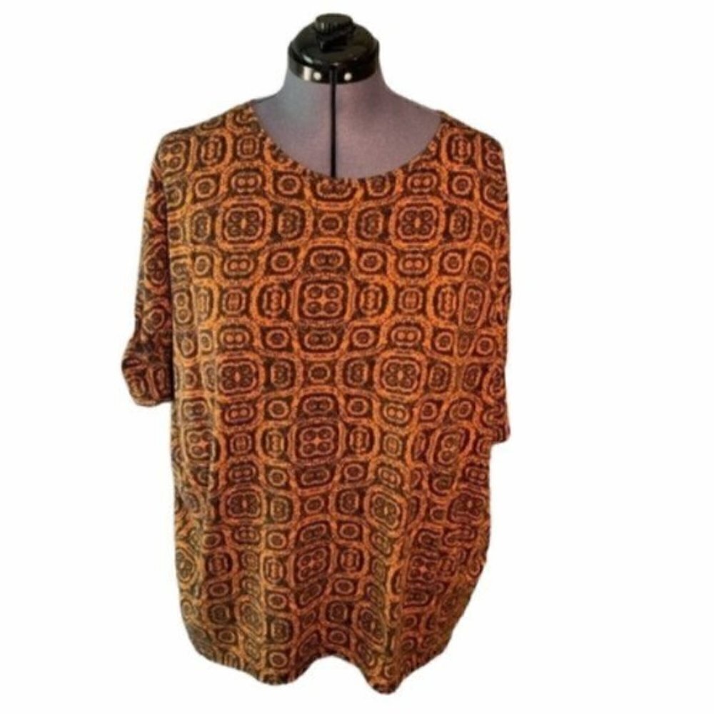 Lularoe Womens Size Large Irma Tunic Top Black Orange Geometric High Low Stretch